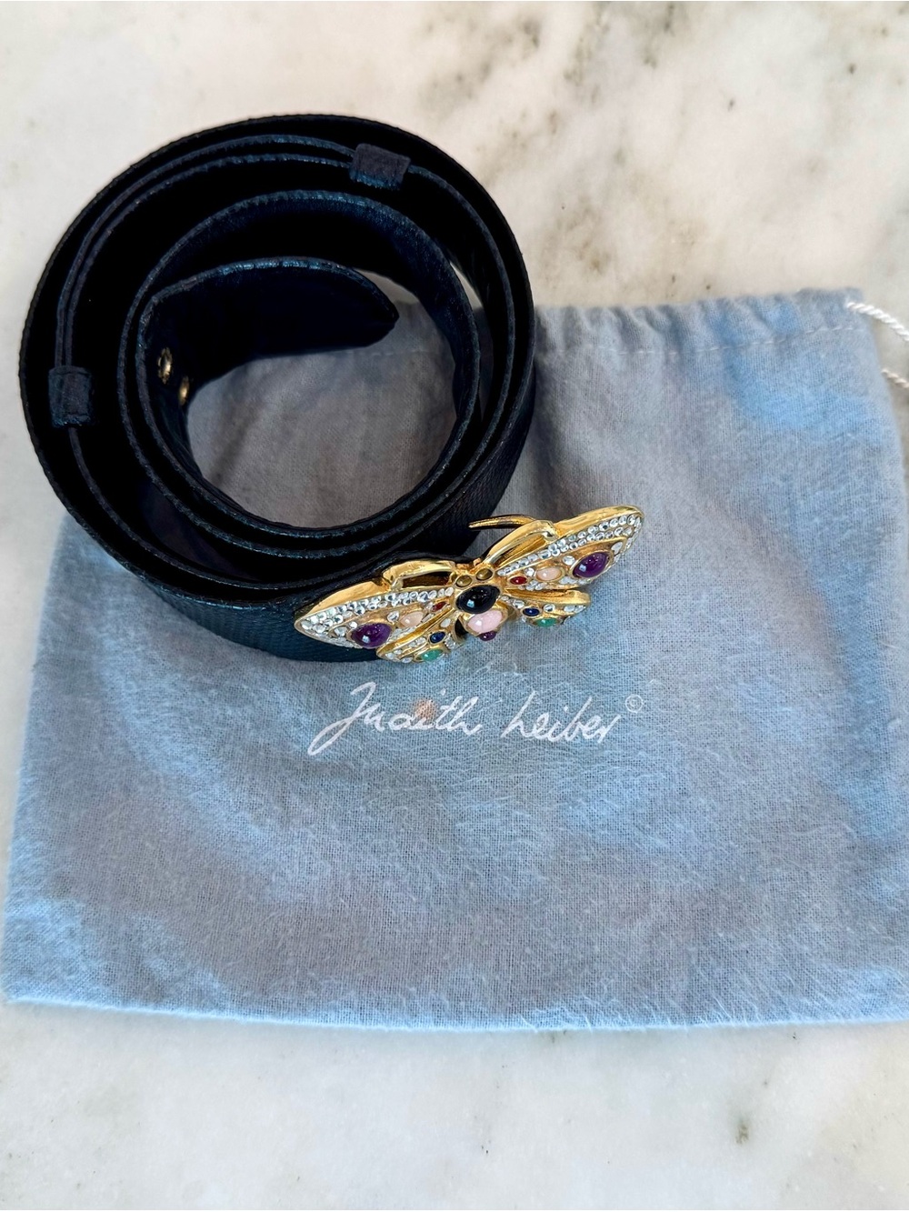 Vintage 80s Judith Leiber Butterfly Jeweled Adjustable Black Leather Belt Signed - Picture 10 of 10